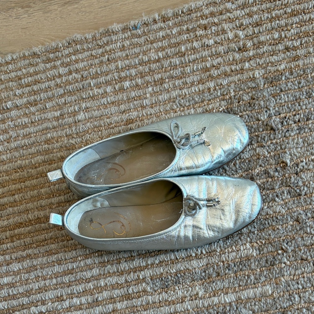 Sam Edelman Metallic Silver Ballet Flats with Bow Accent